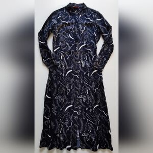 Joe Fresh Navy and White Pattern Long Sleeve Button Up Shirt Dress Midi Length